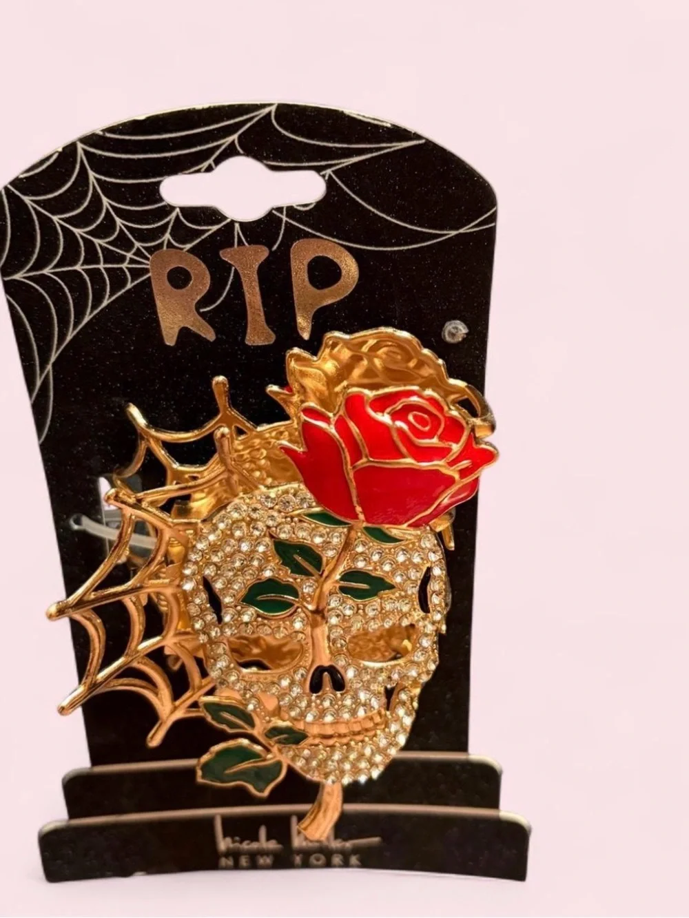 Nicole Miller Gold Skull Hair Claw with Red Rose and Green Leaves